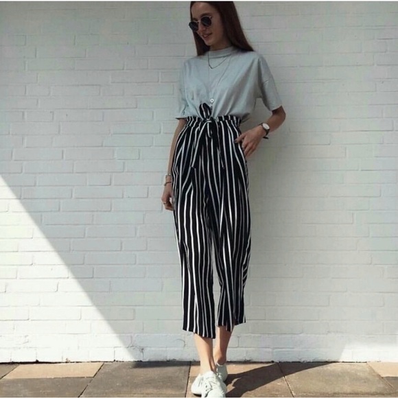 Zara Black White Stripe Wide Leg Culotte Pants Paperbag Waist Tie Belt M - Picture 2 of 9